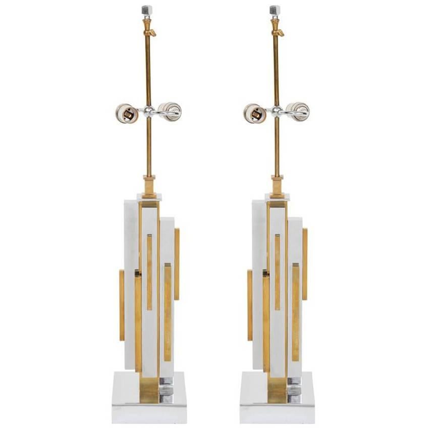 Modernist Skyscraper Brass and Nickel Table Lamps For Sale
