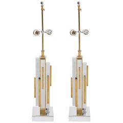 Modernist Skyscraper Brass and Nickel Table Lamps