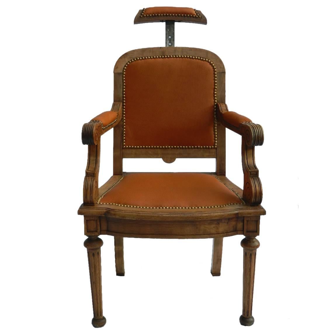 19th Century French Barbers Chair Leather Desk Chair Reclining Armchair