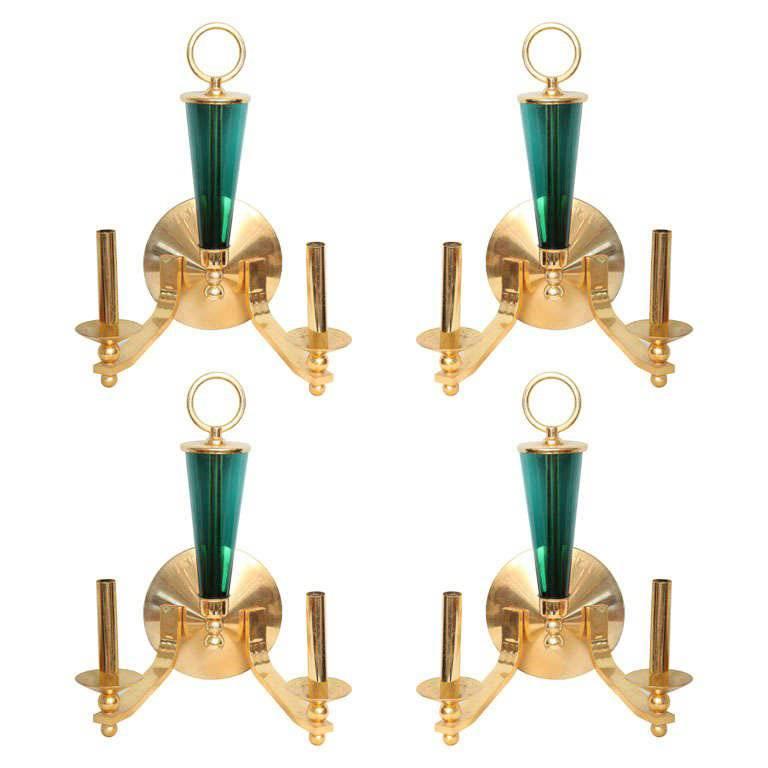 Set of Four Brass and Green Glass Wall Lights