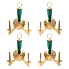 Set of Four Brass and Green Glass Wall Lights
