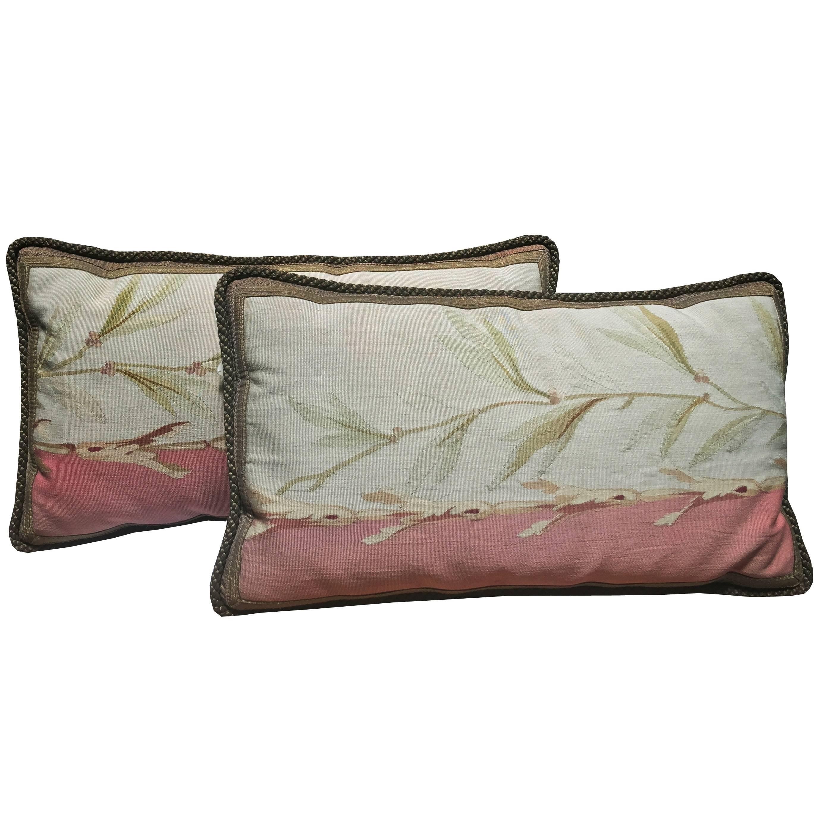 Pair of Antique French Aubusson Tapestry Pillows For Sale