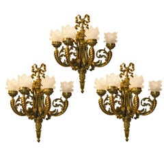 Antique Louis XVI Style Gilt Bronze Four-Arm Sconces, Set of Three