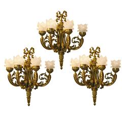 Antique Louis XVI Style Gilt Bronze Four-Arm Sconces, Set of Three 12