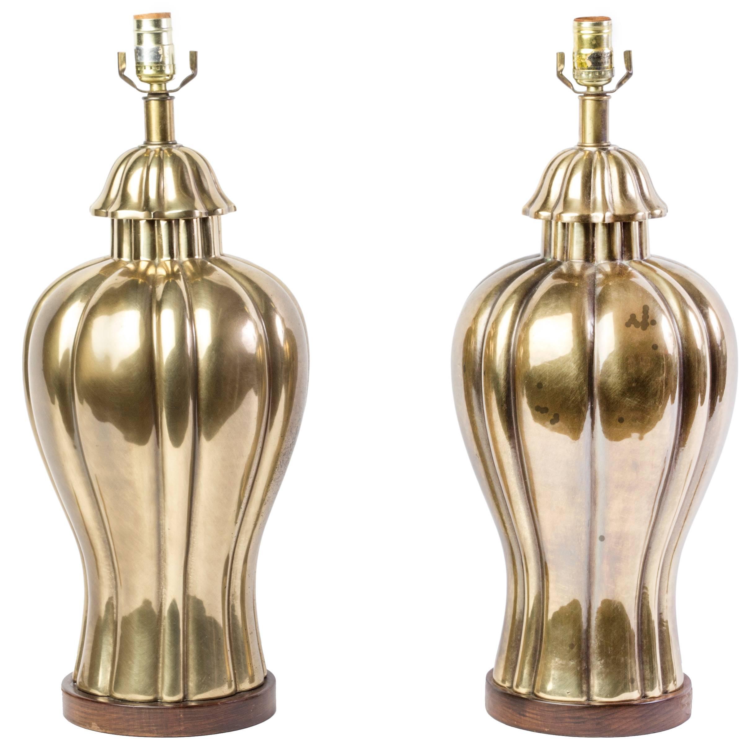 Elegant Pair of 1970s Vintage Frederick Cooper Brass Jar Lamps