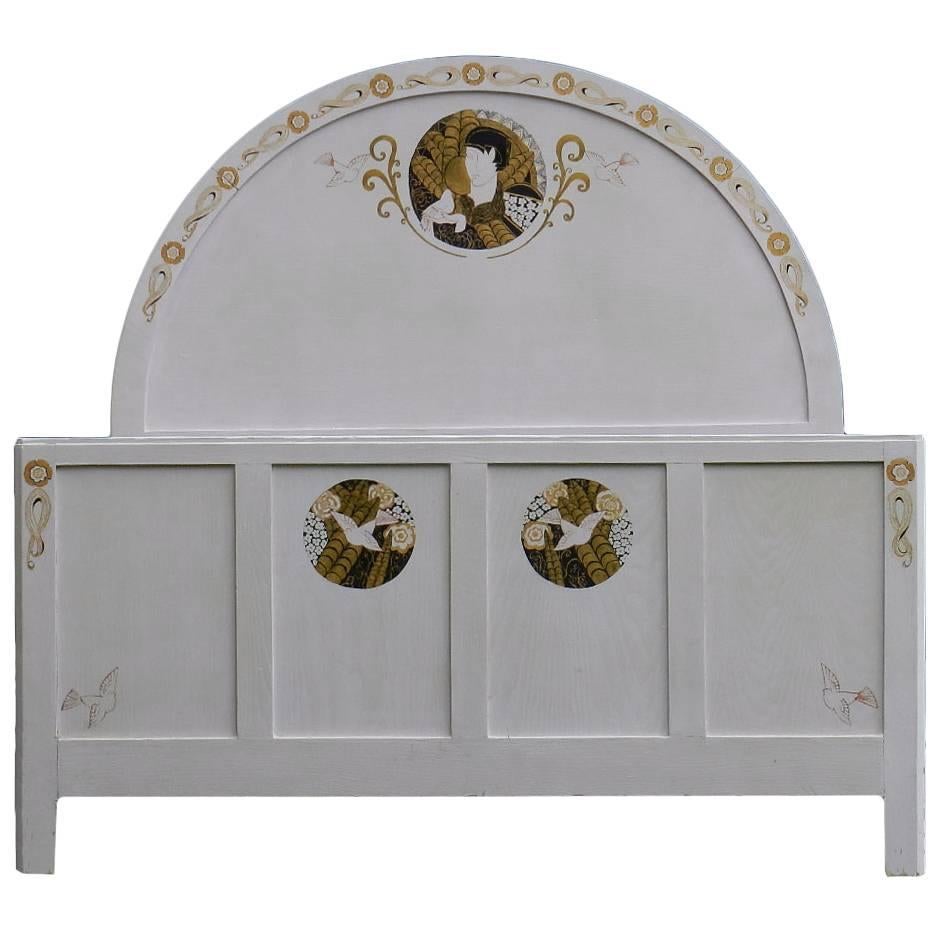 Art Deco French Bed Queen Painted Cameos by French Contemporary Artist