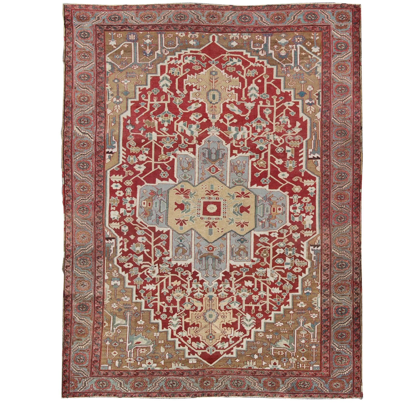 Antique Persian Serapi/Bakhshaiesh Rug in Brick Red, Light Blue & Camel Colors