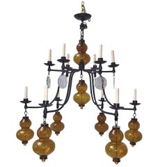 Retro Large Wrought Iron Chandelier with Glass Elements