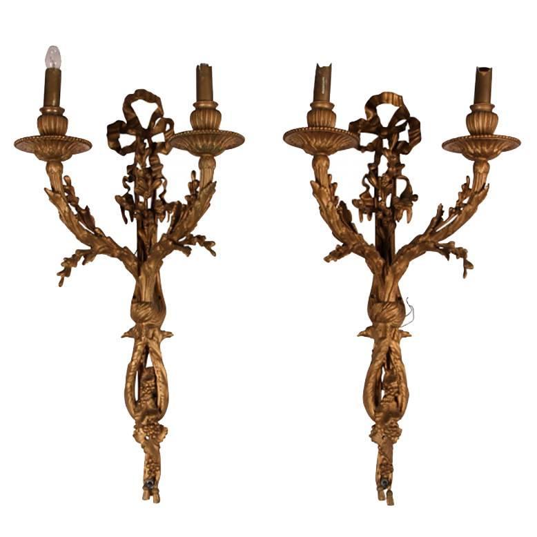 Pair of Antique Bronze Foliate Wall Sconces For Sale at 1stdibs