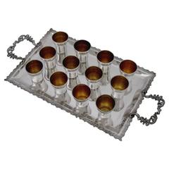 Rare French All Sterling Silver 18k Gold Liquor Cups with original tray and Box