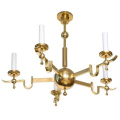 Scandinavian Modern Chandelier Five Arm Polished Brass Banded Center Sphere