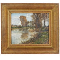 19th Century Oil on Canvas Titled "Lakeside Landscape" by Edmond Louyot, France