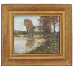 19th Century Oil on Canvas Titled "Lakeside Landscape" by Edmond Louyot, France 11