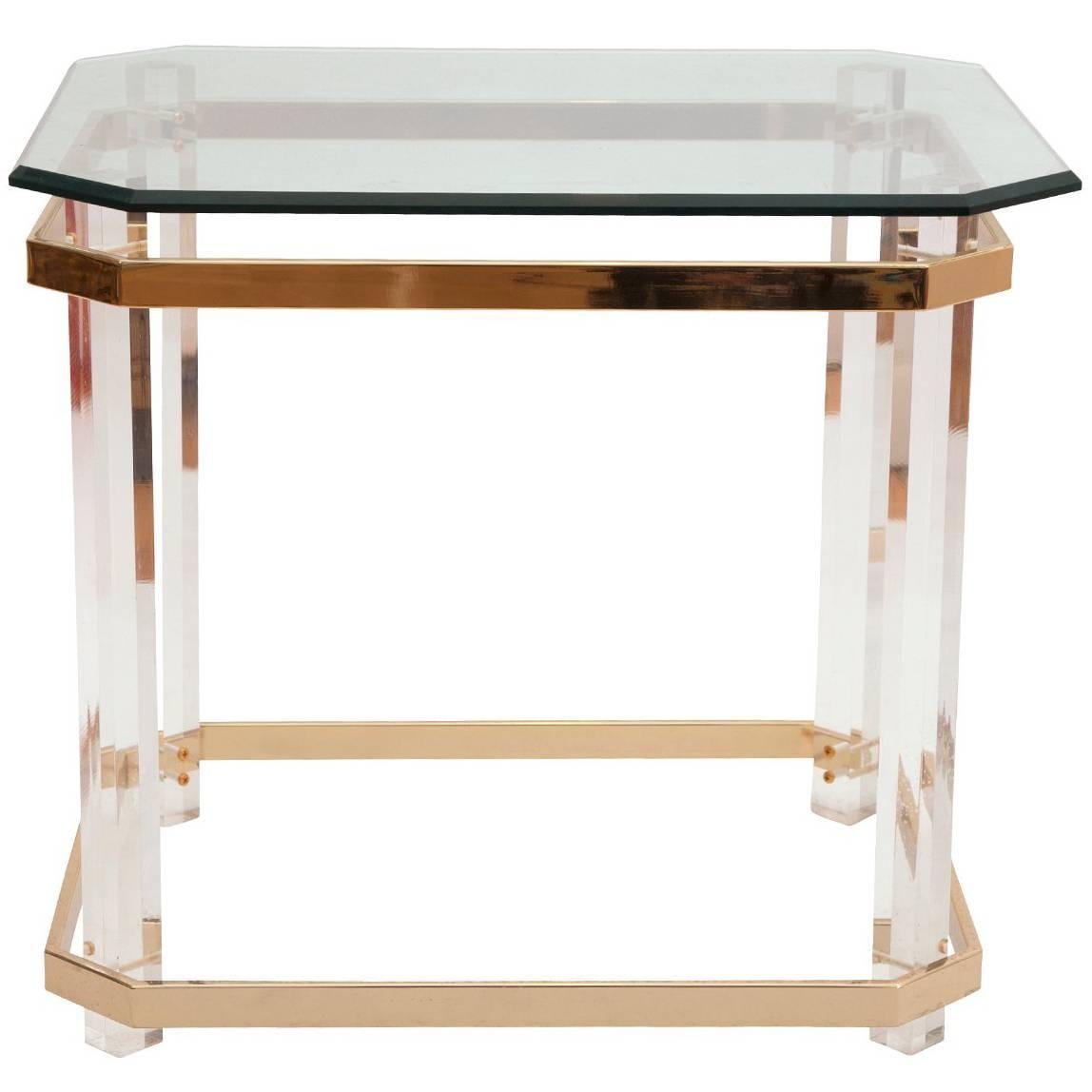 Charles Hollis Jones Lucite, Brass and Glass Side Table, circa 1970s For Sale