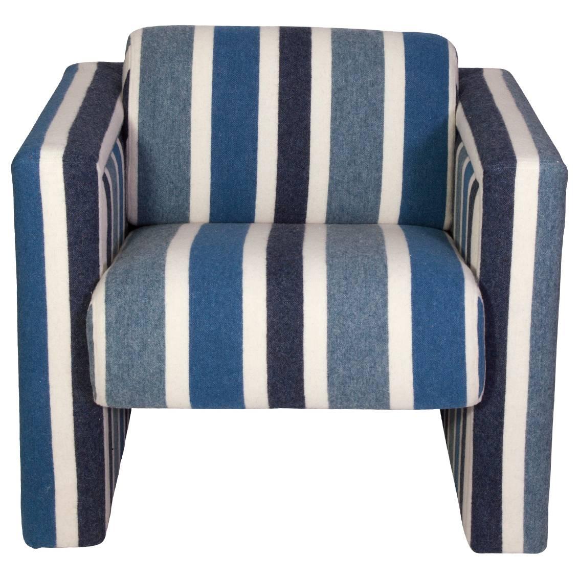 Nautical club chairs in blue and white wool, pair.
