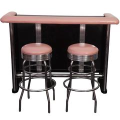 Retro 1960s Chrome Bar with Pink Leather Stools