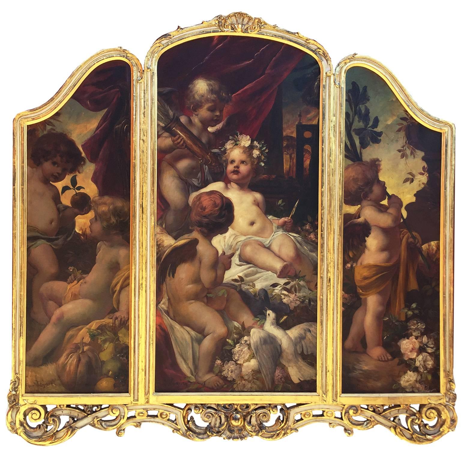 Huile sur toile allemande du 19ème siècle Triptyque d'angelots de Ferdinand Wagner II