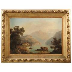 Large Antique Landscape Painting of Mountains over Cabin by Lake, 19th Century