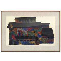 Large Polychrome Architecture Screenprint "Mine Building" Signed Ben Shahn, 1956