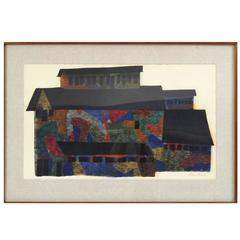 Used Large Polychrome Architecture Screenprint "Mine Building" Signed Ben Shahn, 1956