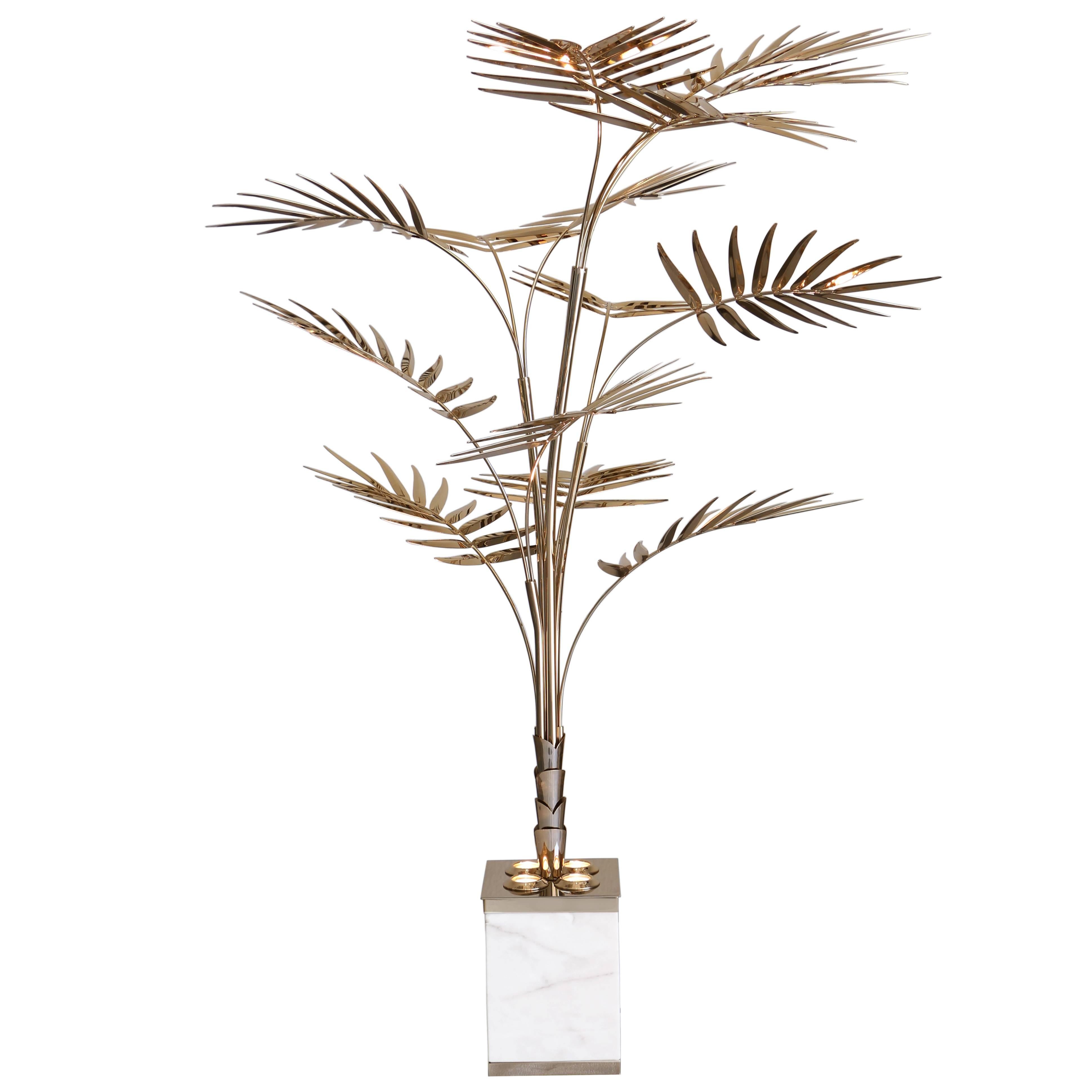 European Ivete Gold, Brass and Marble Palm Tree Floor Lamp or Table Lamp For Sale