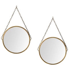 Pair of Round Mirrors in Brass Produced in Sweden