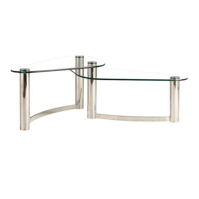 1970s Tubular Nickel and Glass Asymmetrical Two-Tier Coffee Table For Sale