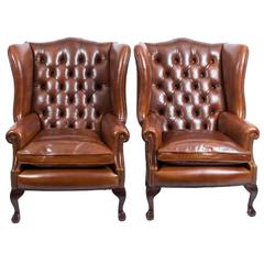 Pair of Leather Ball and Claw Wing Chairs Armchairs 7
