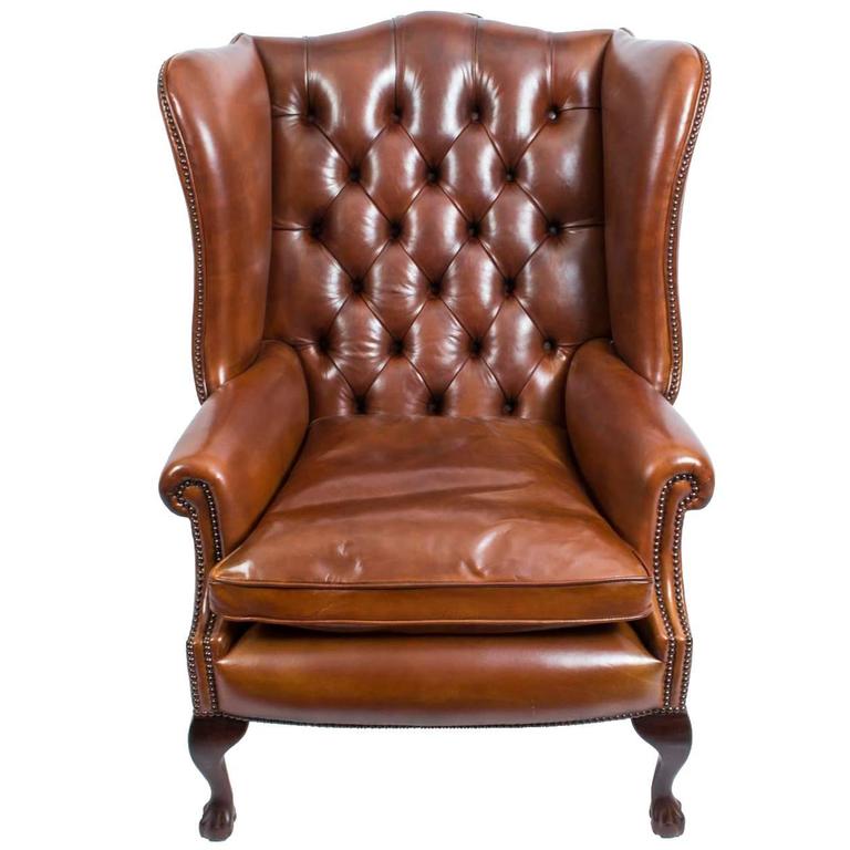 Leather Ball and Claw Wing Chair Armchair For Sale at 1stdibs