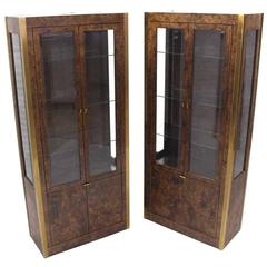 Pair of Brass and Burl Wood Vitrine Display Cabinets