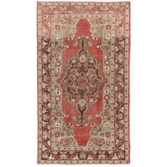 Antique Turkish Oushak Carpet with Medallion in Soft Red, Green and Brown 