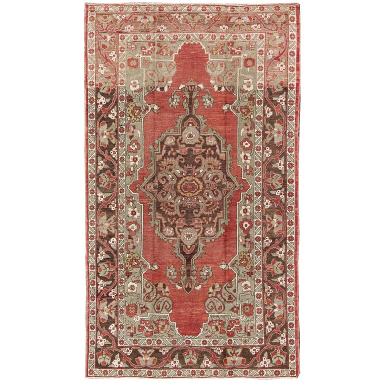 Antique Turkish Oushak Carpet with Medallion in Soft Red, Green and