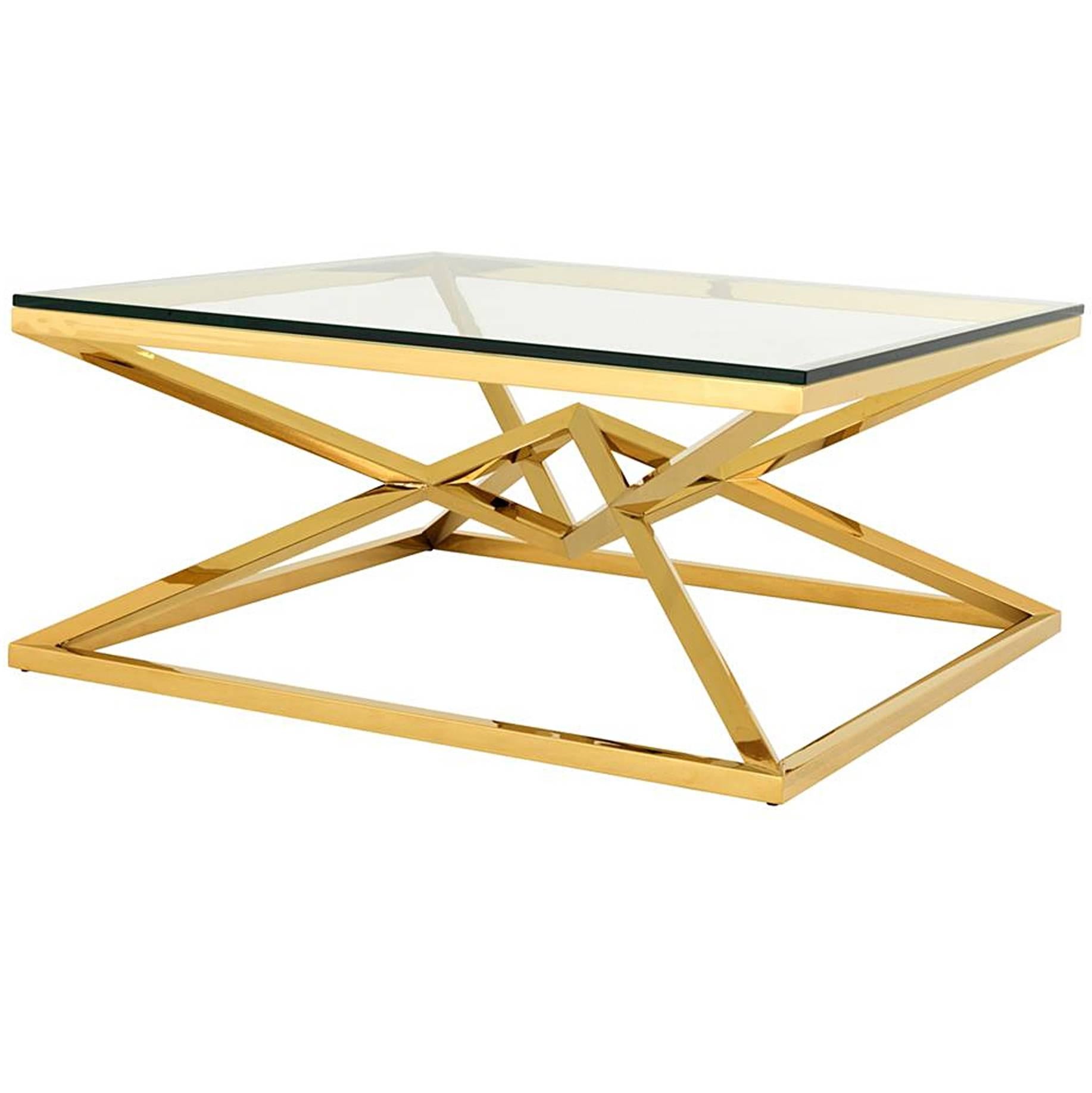 Equis Coffee Table in Gold Finish and Clear Glass
