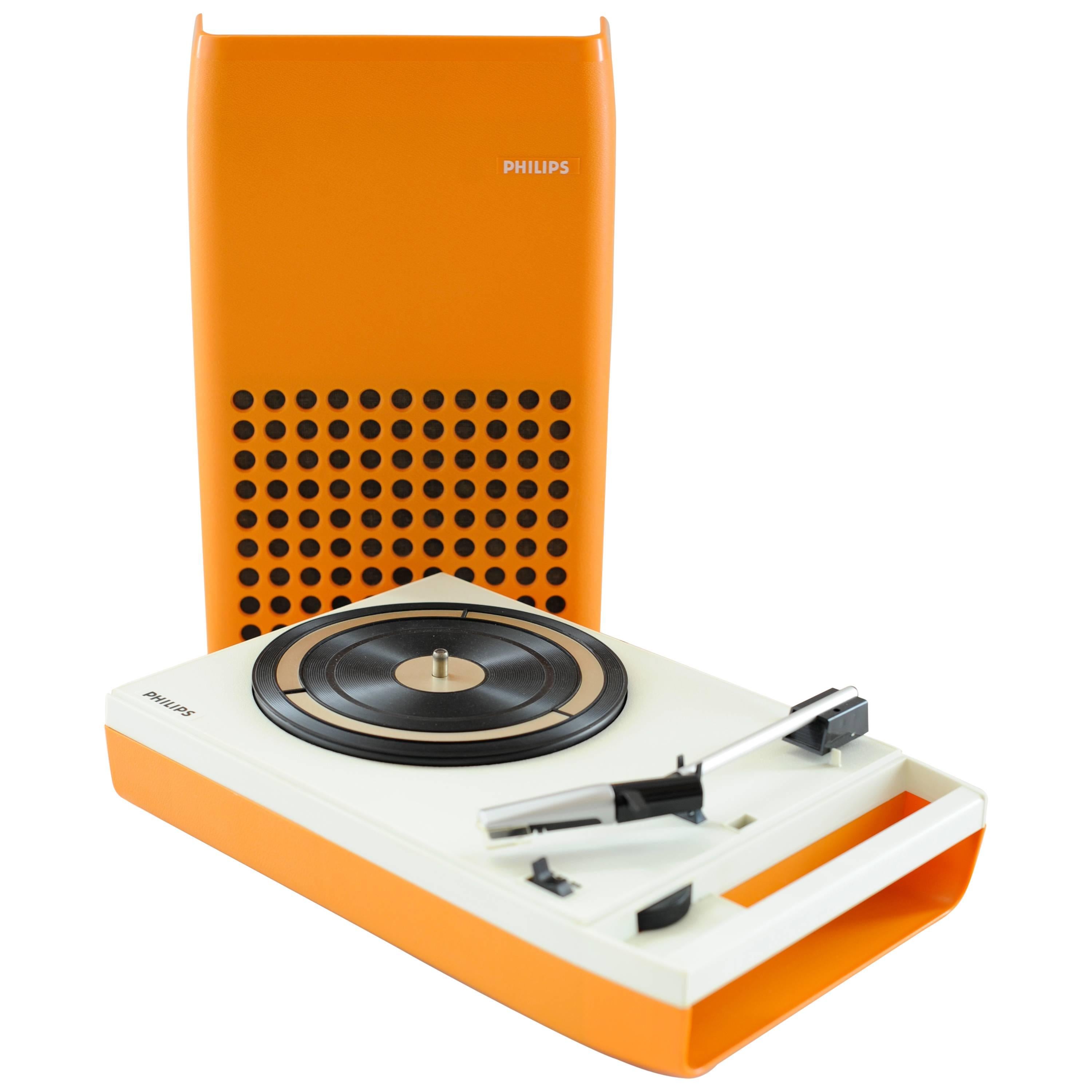 Vintage Serviced Philips 113 Orange Portable Record Player Design Turn Table