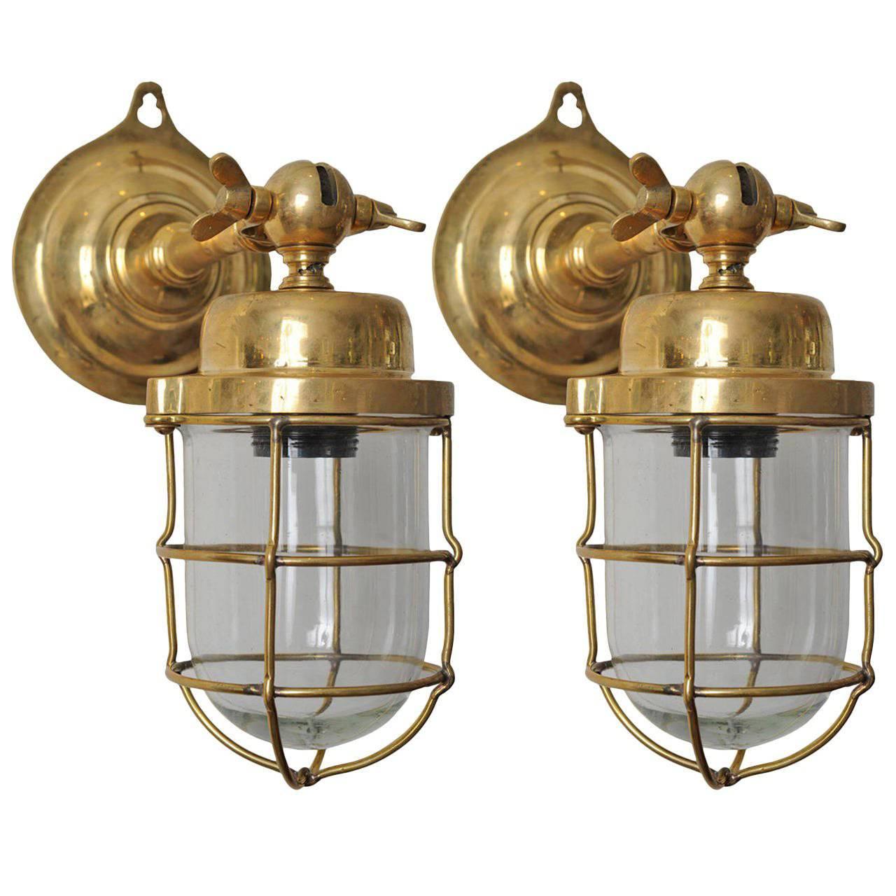 Pair of Ship's Nautical Brass Passageway Wall Lights or Pendants