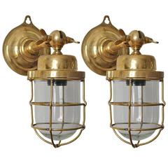 Vintage Pair of Ship's Nautical Brass Passageway Wall Lights or Pendants