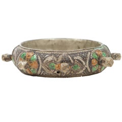 Antique Moroccan Berber Silver Bracelet with Green and Orange Enamel