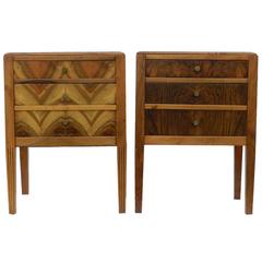 Pair of Art Deco Nightstands Side Cabinets Bedside Tables Chevron Walnut