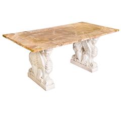 Italian Carved Marble Rams Base, Sienna Stone Table