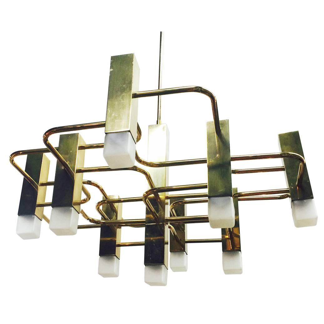 Nine-Light Boulanger Brass Geometric Chandelier by Sciolari