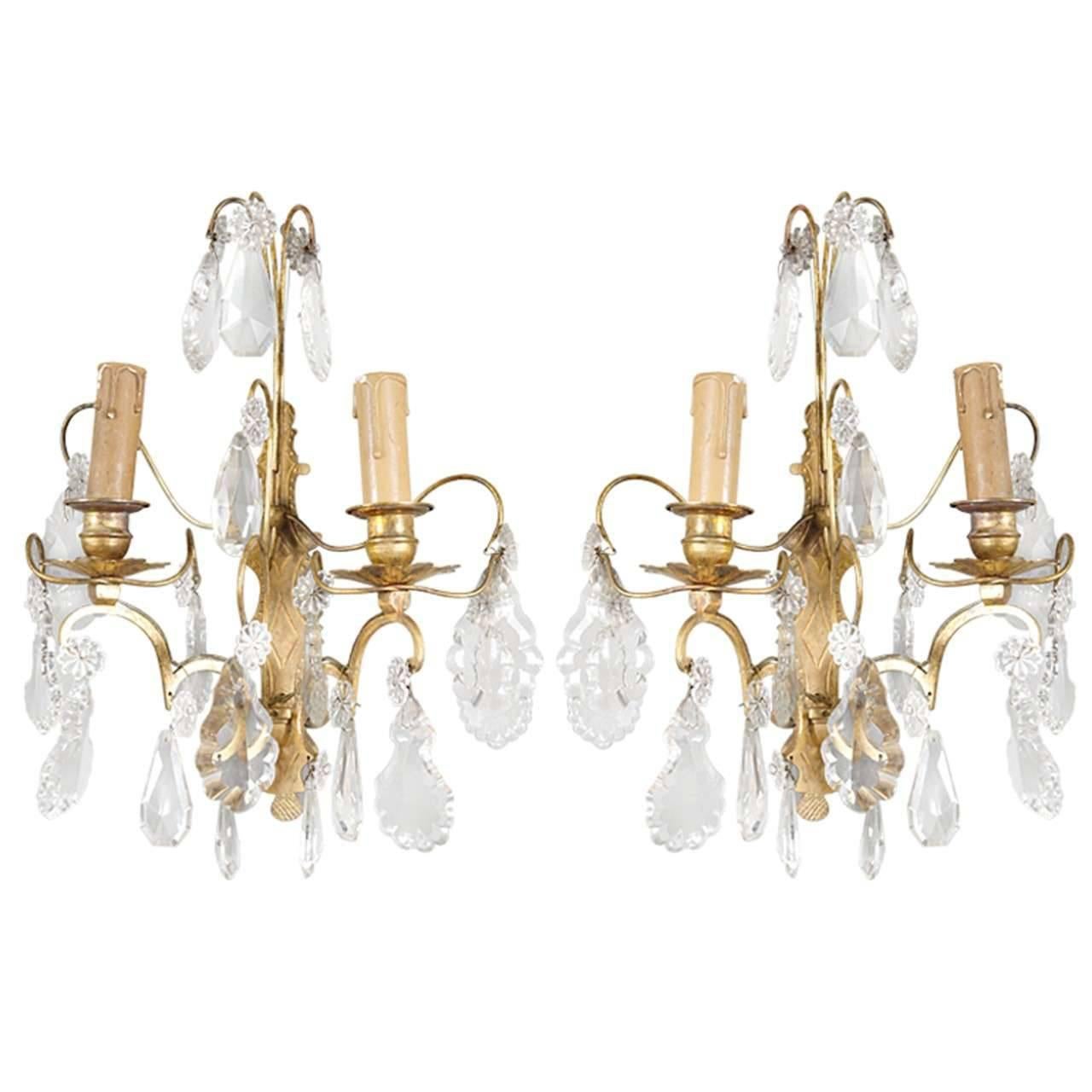 Classic French Crystal Sconces, Pair