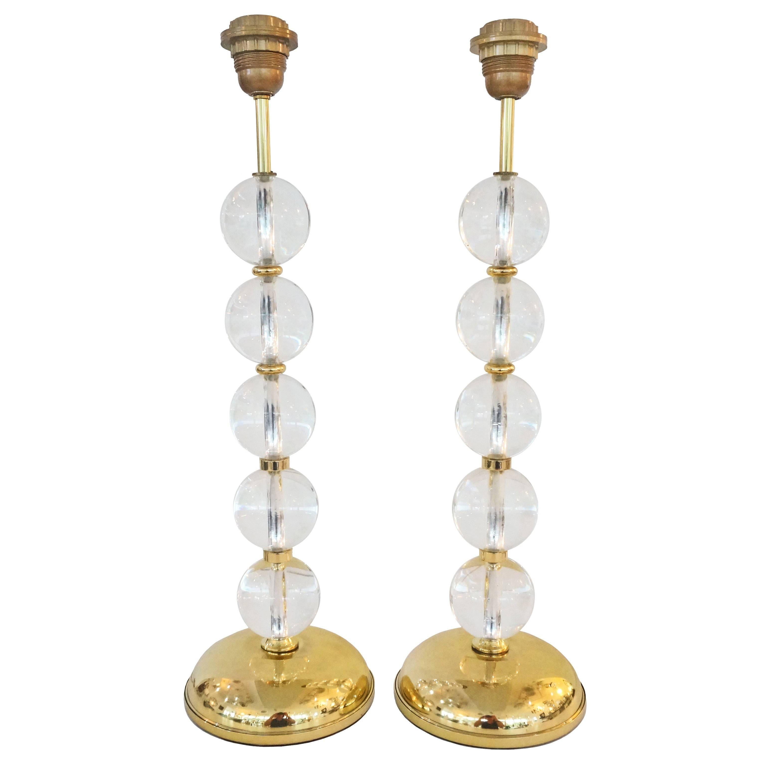 Pair of Art Deco Table Lamps in Brass with Clear Crystal Spheres