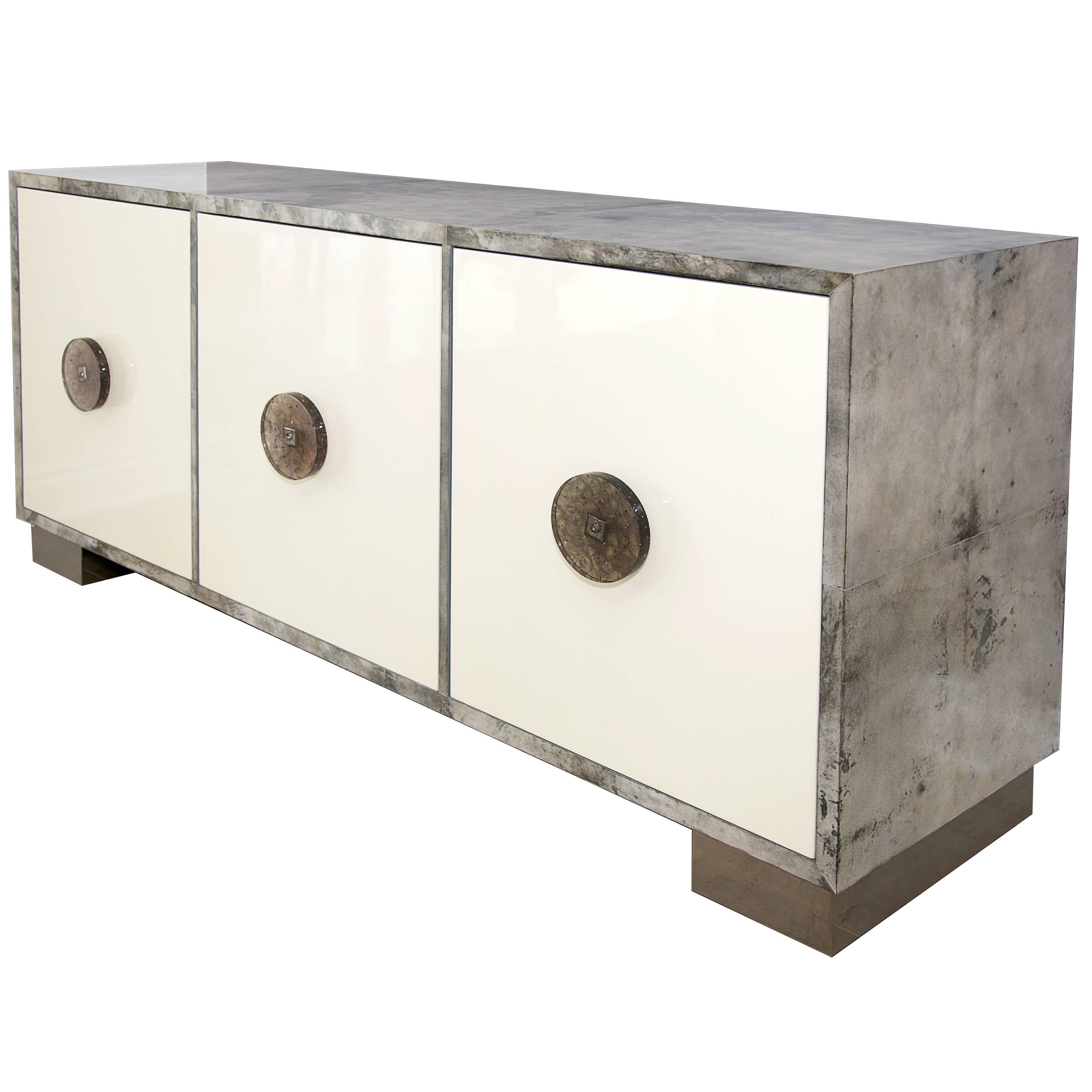 Parchment, Lacquer, Resin and Polished Steel Sideboard For Sale