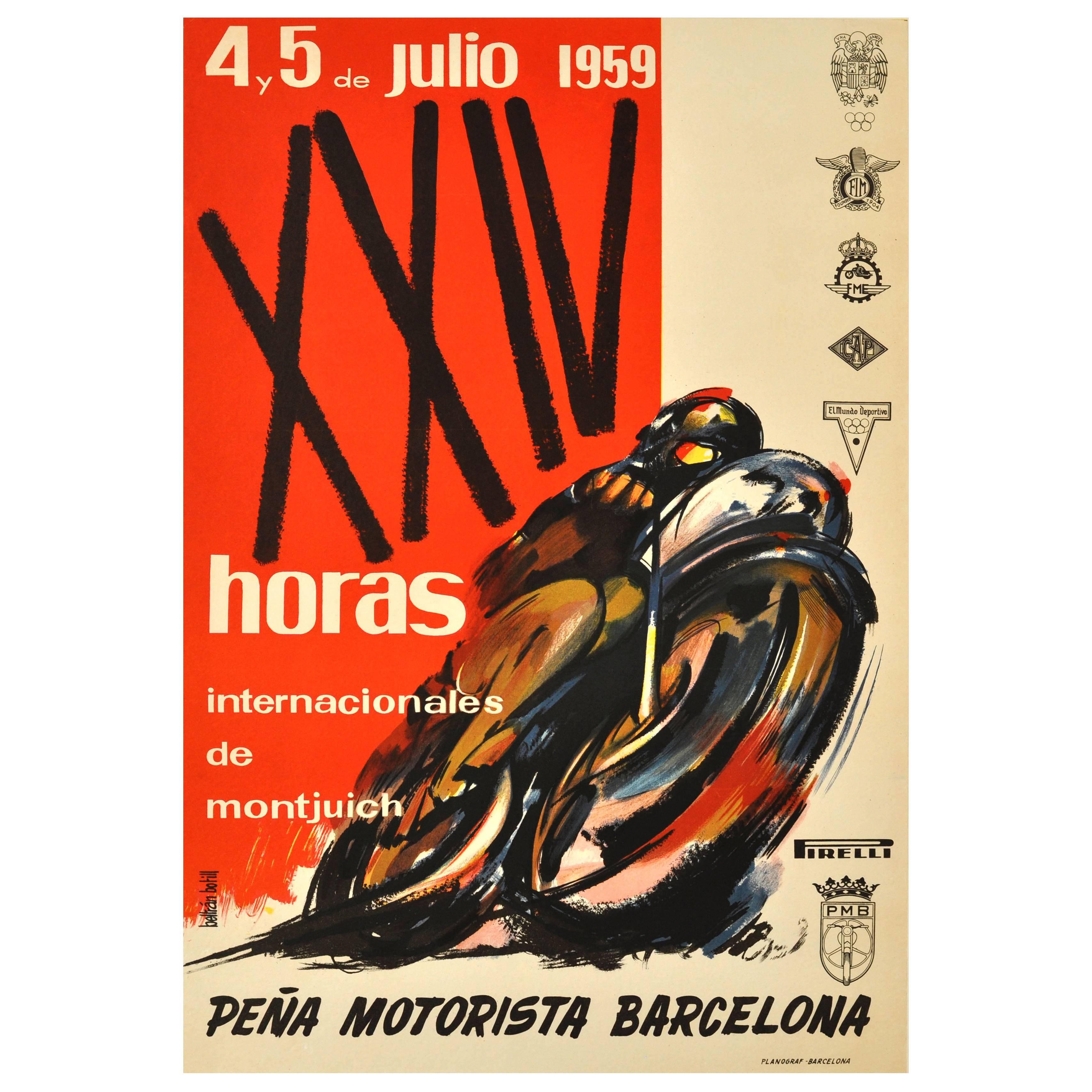 Original 1959 Motorcycle Race Poster, XXIV Horas Internacionales De Montjuic