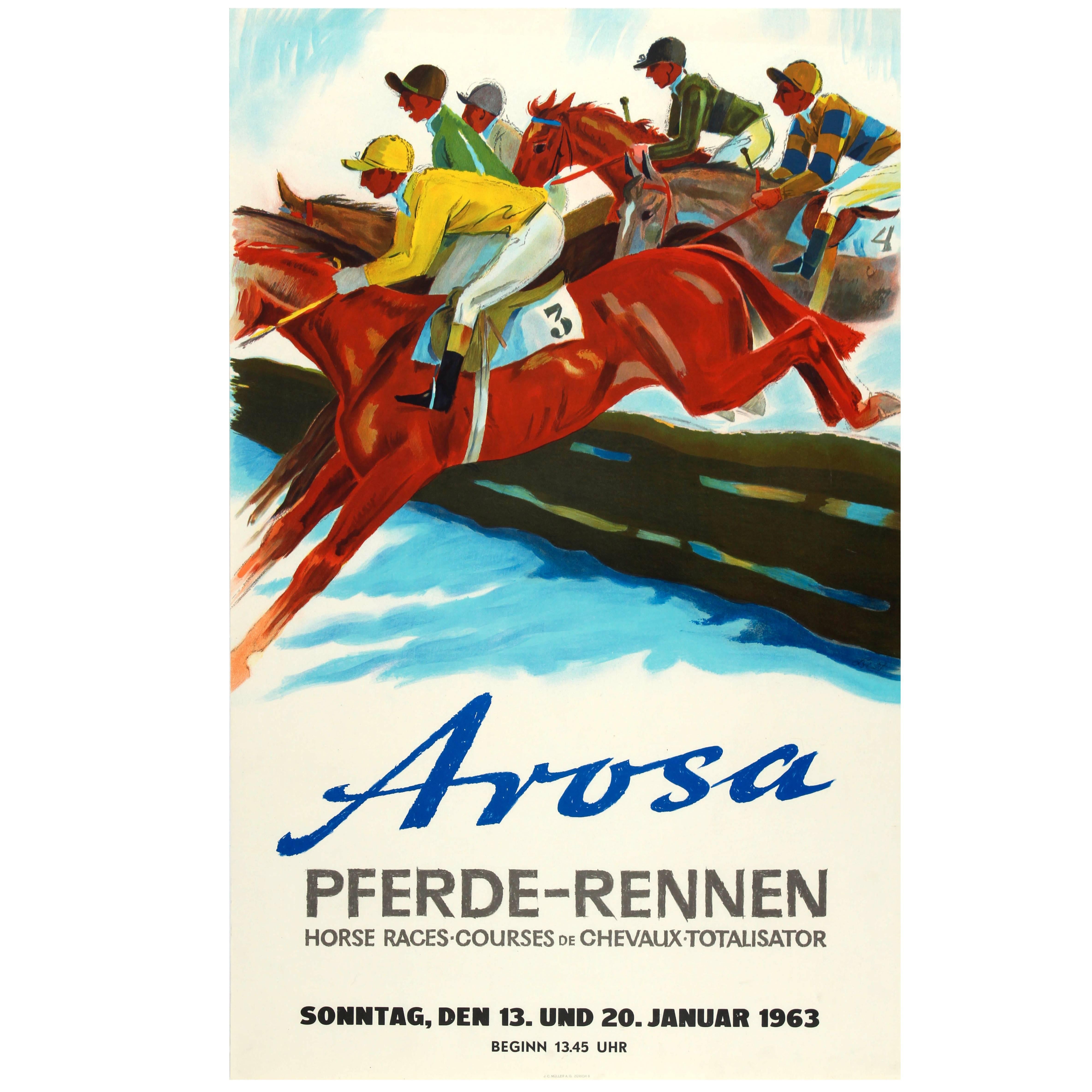 Affiche vintage d'origine de course de chevaux de steeplechase originale pour le Pferde-Rennen d'Arosa de 1963