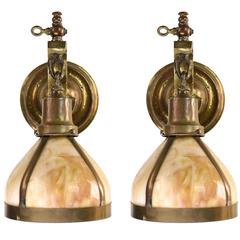 Handsome Pair of Gas Electric Sconces with Bent Glass Shades, circa 1905