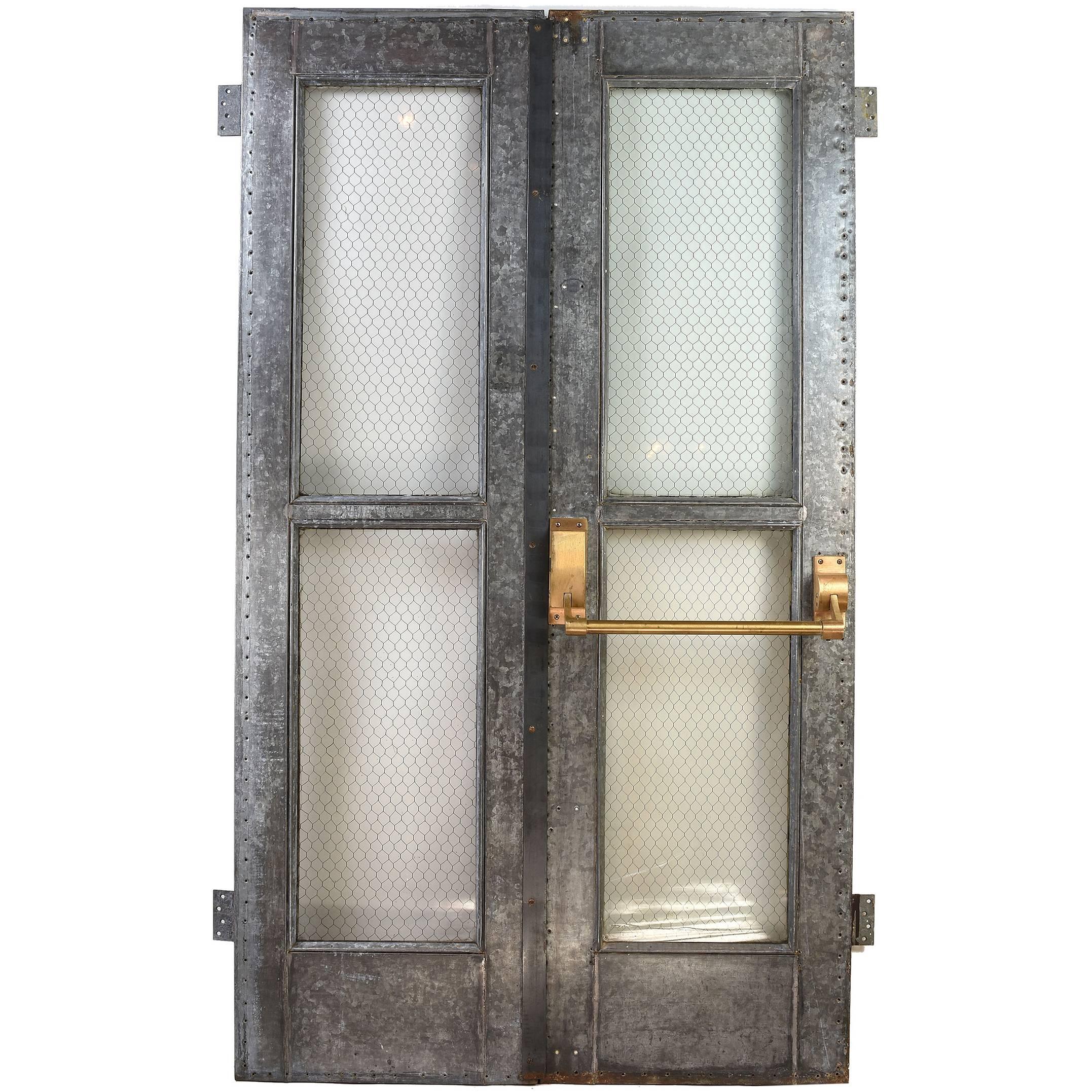 Vintage Industrial Double Door Set with Chicken Wire Glass and Brass Hardware