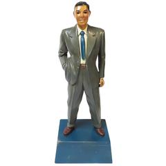 1940s Carved Wooden Painted Gentleman Counter Display in Grey Suit