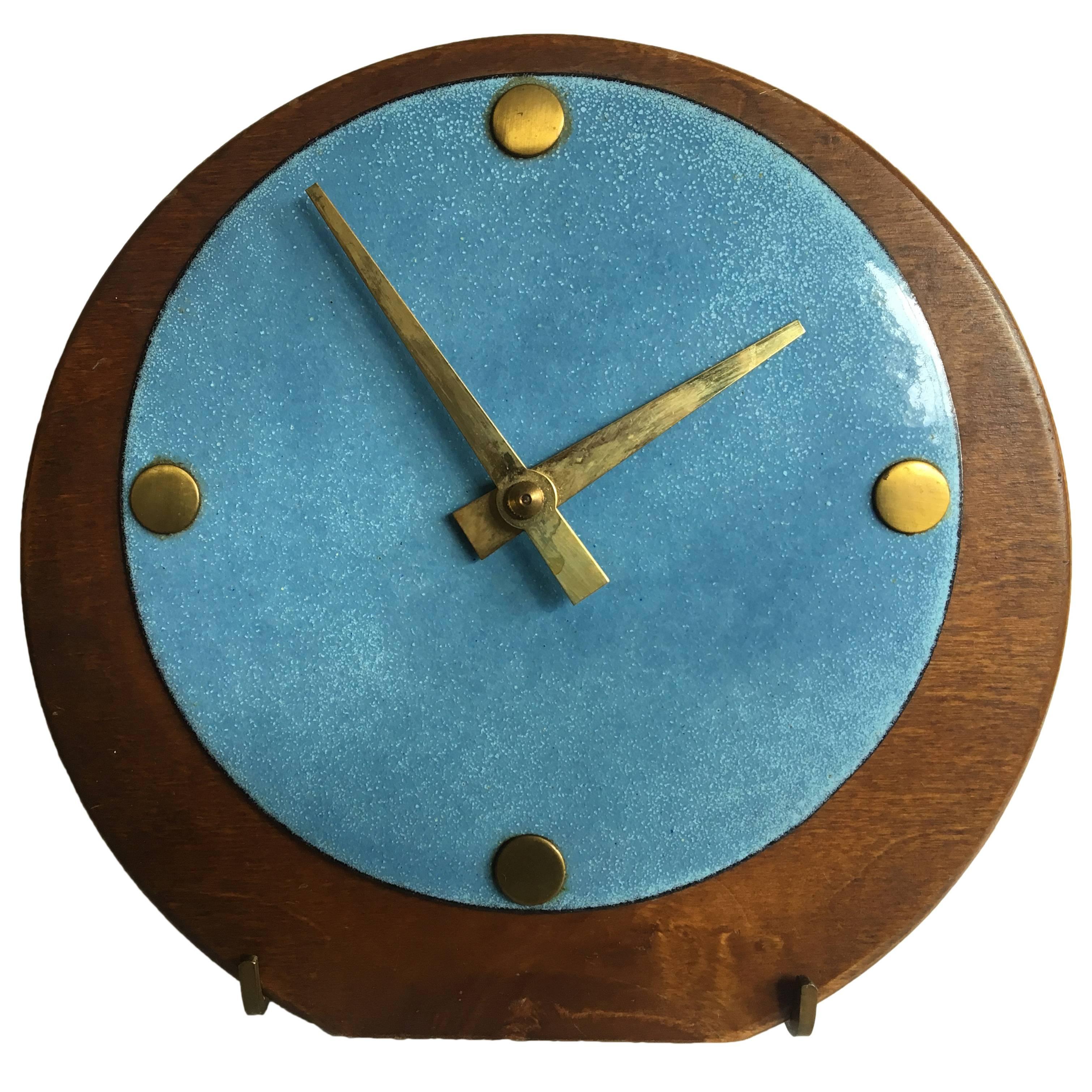 Beautiful Mid-Century Brass Wood and Enameled Steel Clock