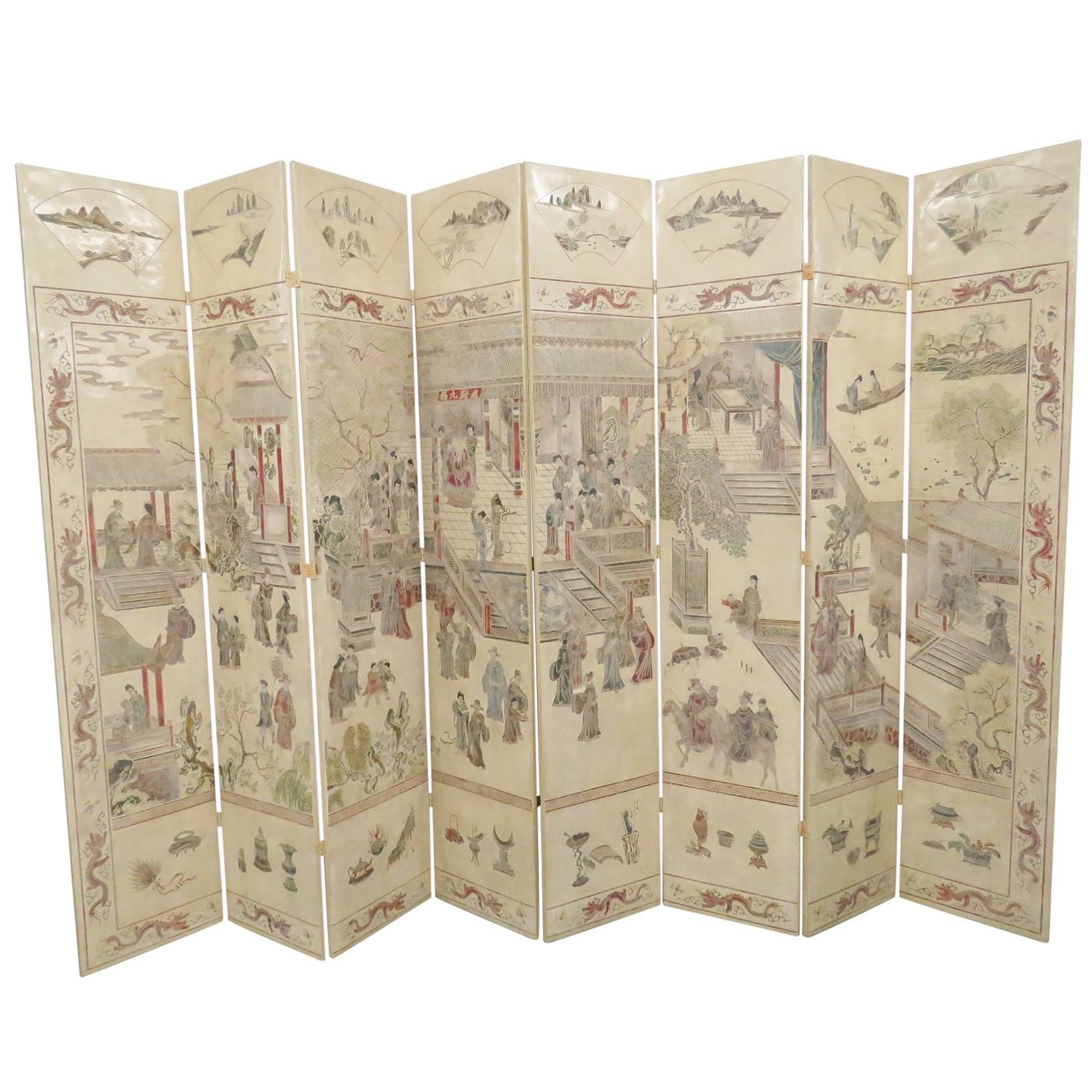 Asian Style Chinoiserie Decorated Eight Paneled Screen